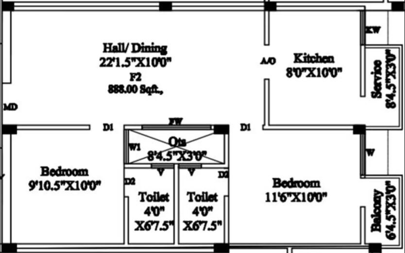 Floor plan of 2 BHK 888 Sq. Ft. Apartment in Sree Vetrivelavaa, Chennai