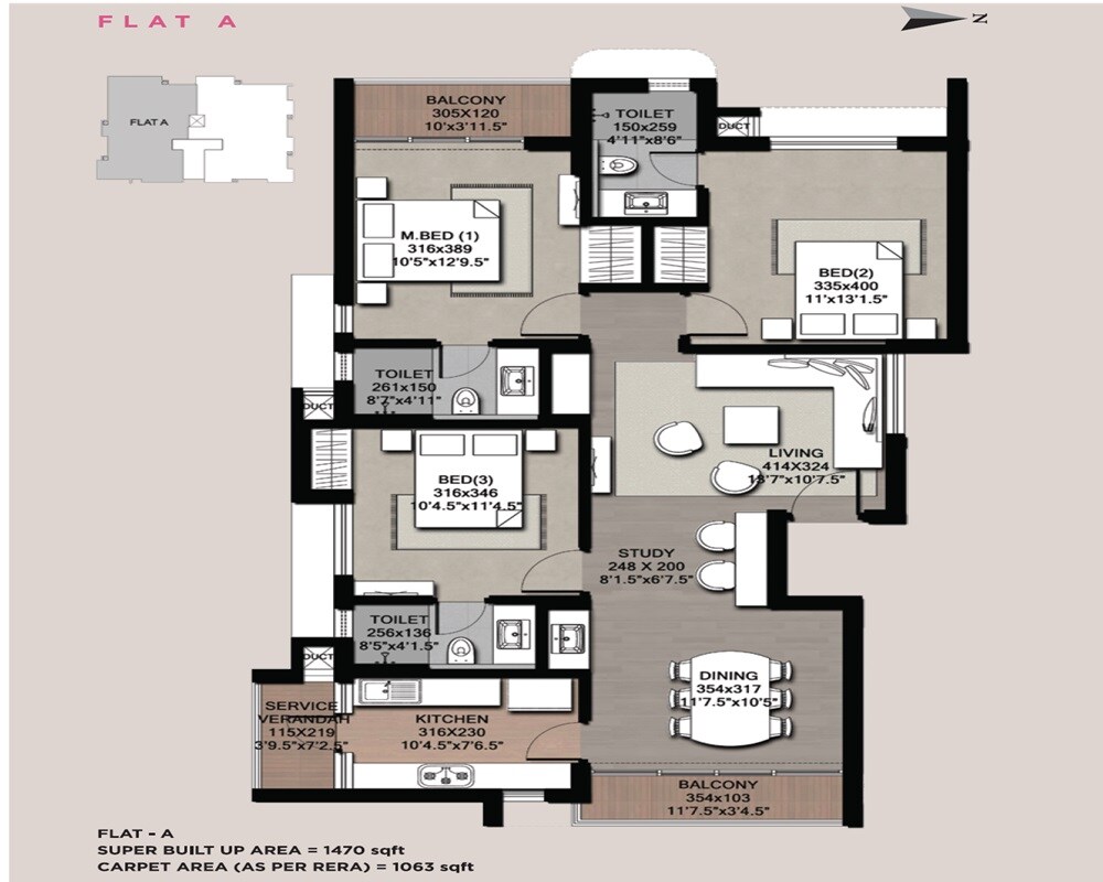 Floor plan of 3 BHK 1470 Sq. Ft. Apartment in Sreerosh Gardenia, Chennai