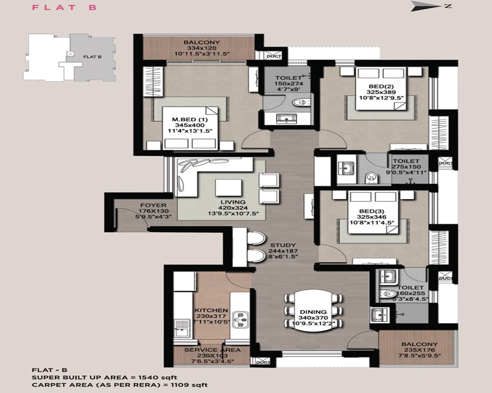 Floor plan of 3 BHK 1540 Sq. Ft. Apartment in Sreerosh Gardenia, Chennai