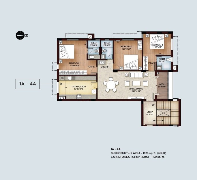 Floor plan of 3 BHK 1525 Sq. Ft. Apartment in Sreerosh KGV Astrea, Chennai