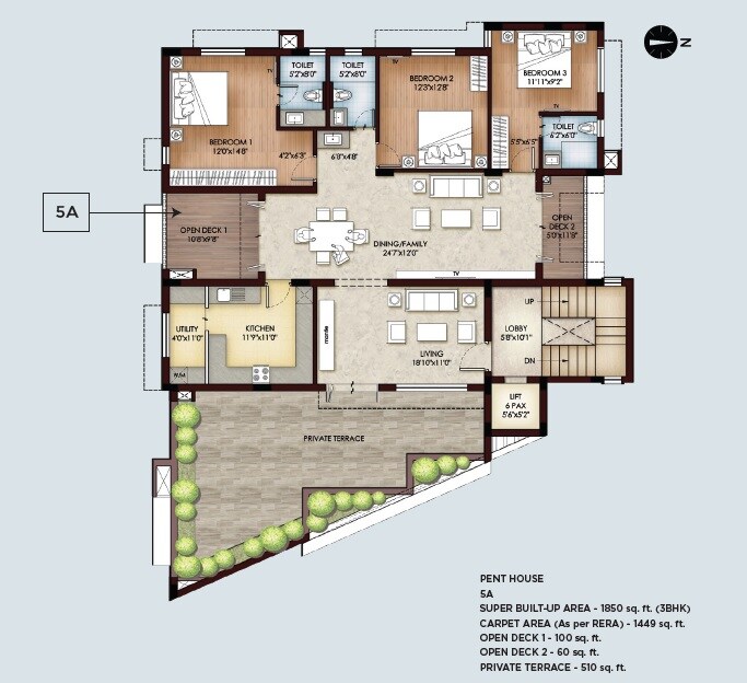 Floor plan of 3 BHK 1850 Sq. Ft. Penthouse in Sreerosh KGV Astrea, Chennai
