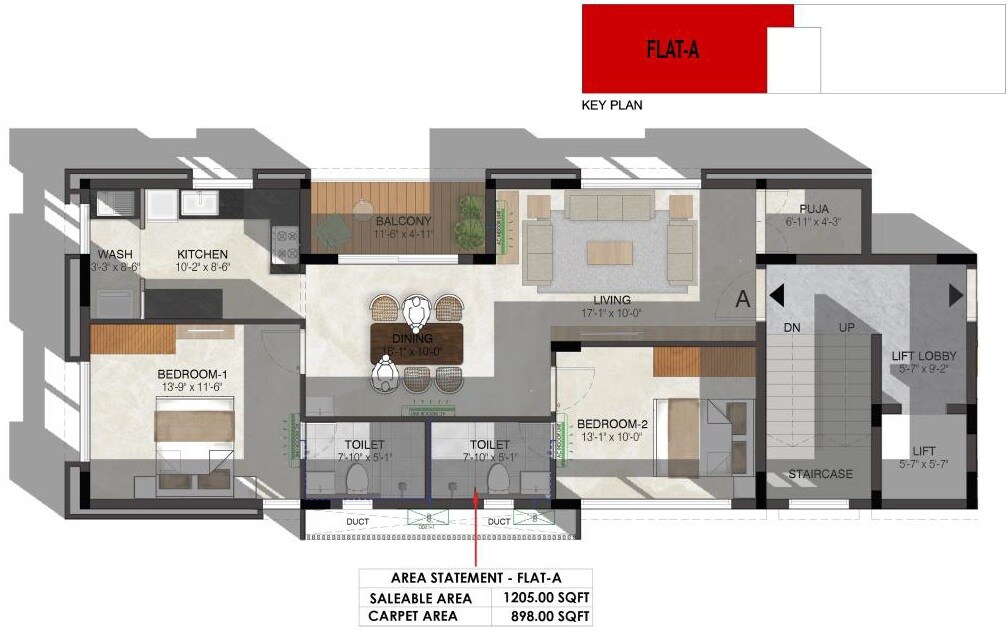 Floor plan of 2 BHK 1205 Sq. Ft. Apartment in Sreerosh Petunia, Chennai