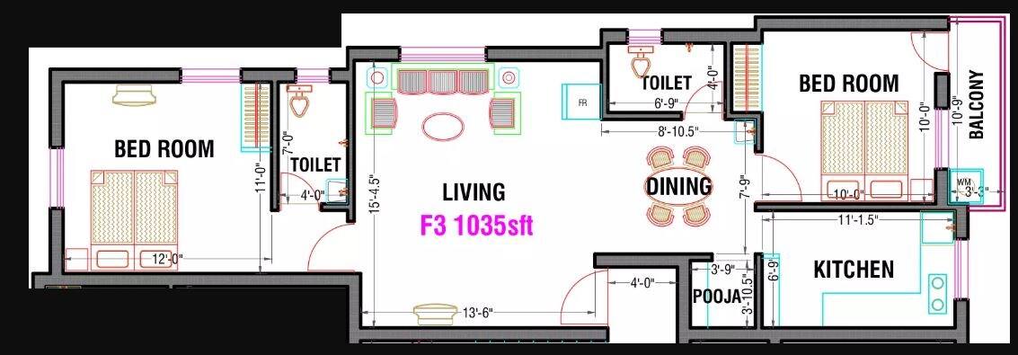 Floor plan of 2 BHK 1035 Sq. Ft. Apartment in Sri Abiraami Anantham, Chennai