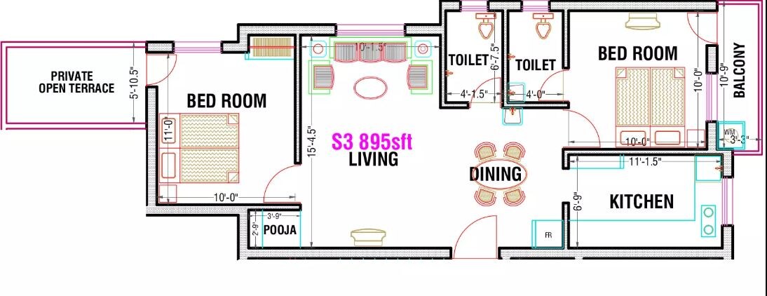 Floor plan of 2 BHK 895 Sq. Ft. Apartment in Sri Abiraami Anantham, Chennai