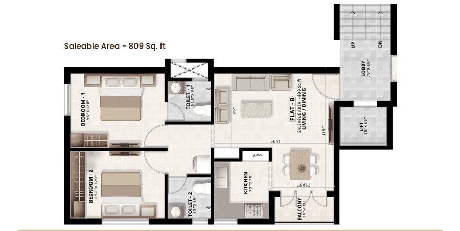 2 BHK 809 Sq. Ft. Apartment