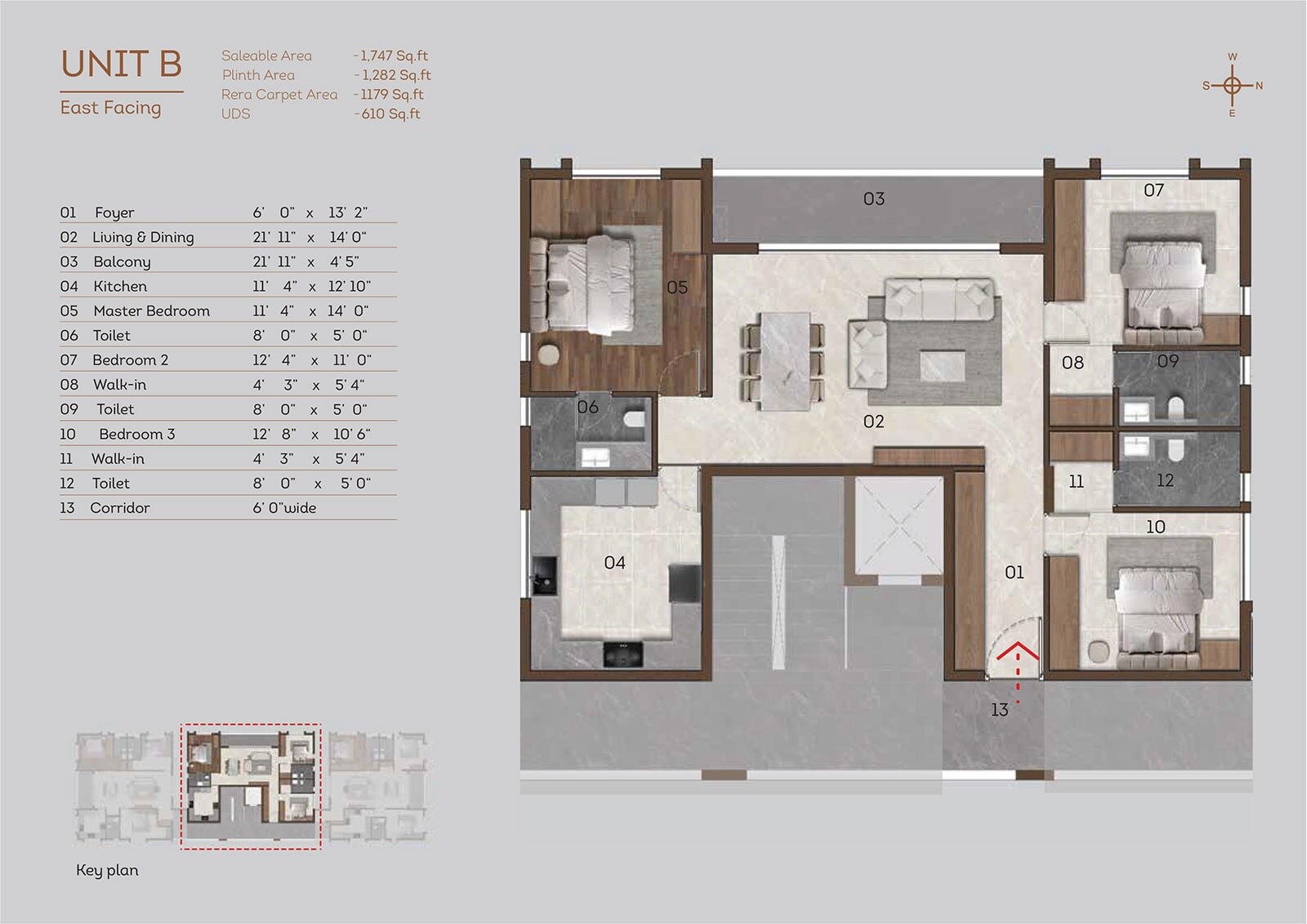 Floor plan of 3 BHK 1747 Sq. Ft. Apartment in Sri Kirthika Antares, Chennai