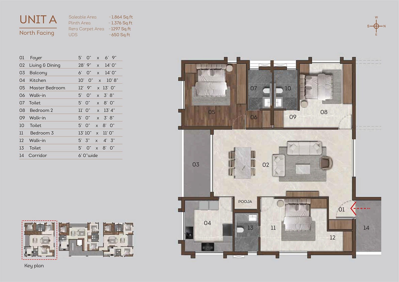 Floor plan of 3 BHK 1864 Sq. Ft. Apartment in Sri Kirthika Antares, Chennai