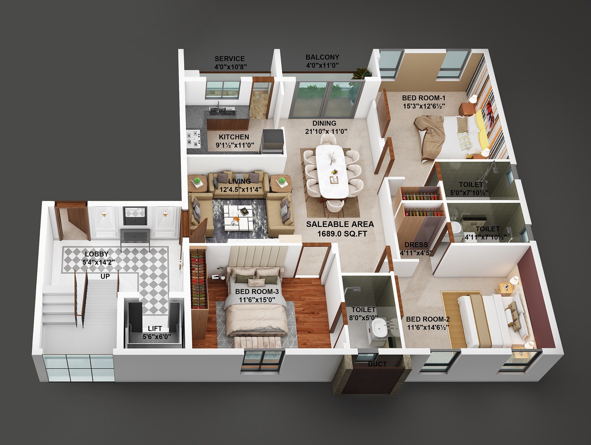 Floor plan of 3 BHK 1689 Sq. Ft. Apartment in Sri Kirthika Polestar, Chennai