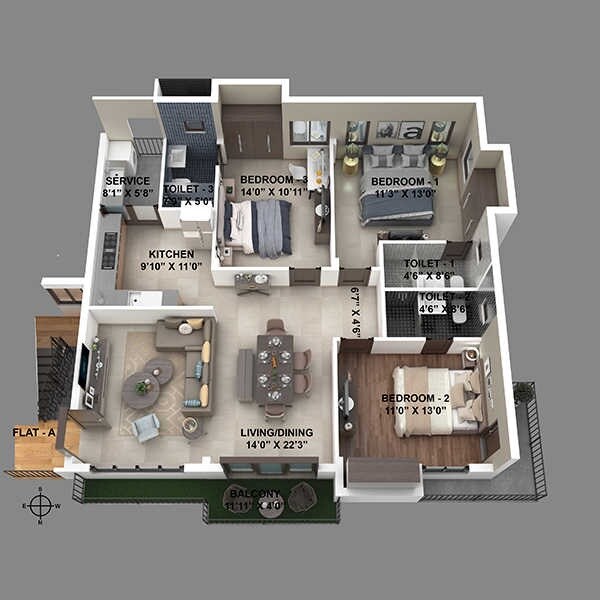 Floor plan of 3 BHK 1667 Sq. Ft. Apartment in Sri Kirthika The Bliss, Chennai