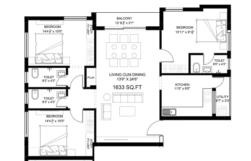 Floor plan of 3 BHK 1633 Sq. Ft. Apartment in Sri Signature Ridge, Chennai