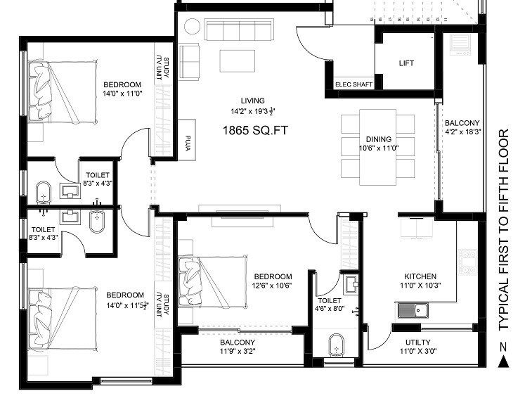 Floor plan of 3 BHK 1865 Sq. Ft. Apartment in Sri Signature Ridge, Chennai