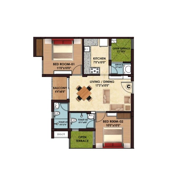 Floor plan of 2 BHK 810 Sq. Ft. Apartment in Sristi Divinity, Chennai