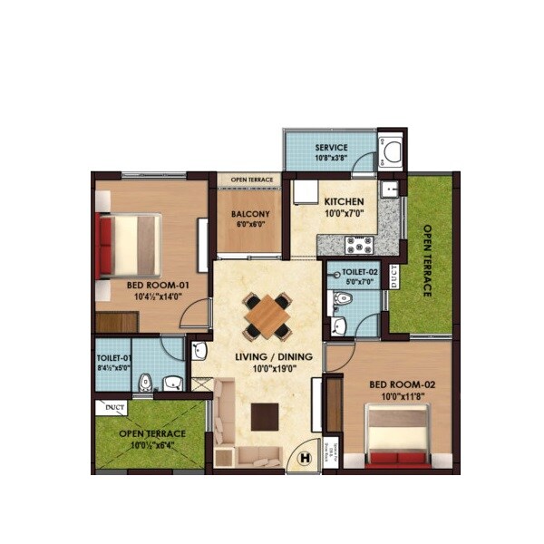 Floor plan of 2 BHK 992 Sq. Ft. Apartment in Sristi Divinity, Chennai