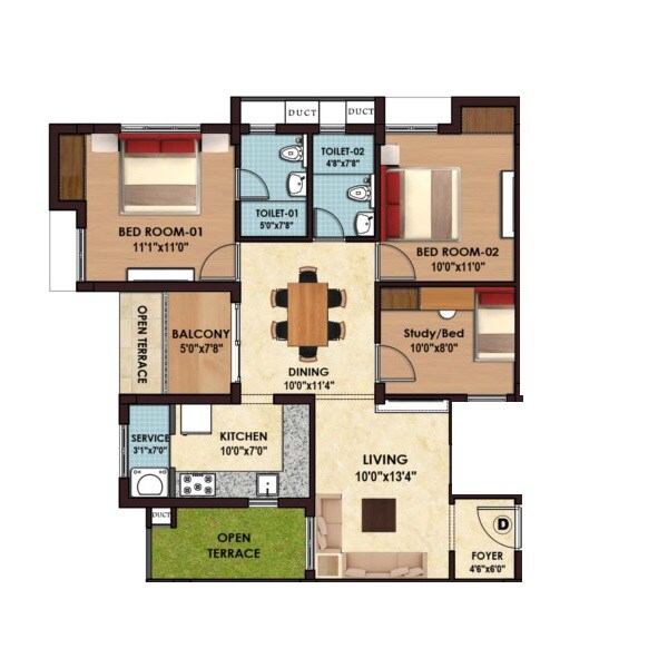 Floor plan of 3 BHK 1148 Sq. Ft. Apartment in Sristi Divinity, Chennai