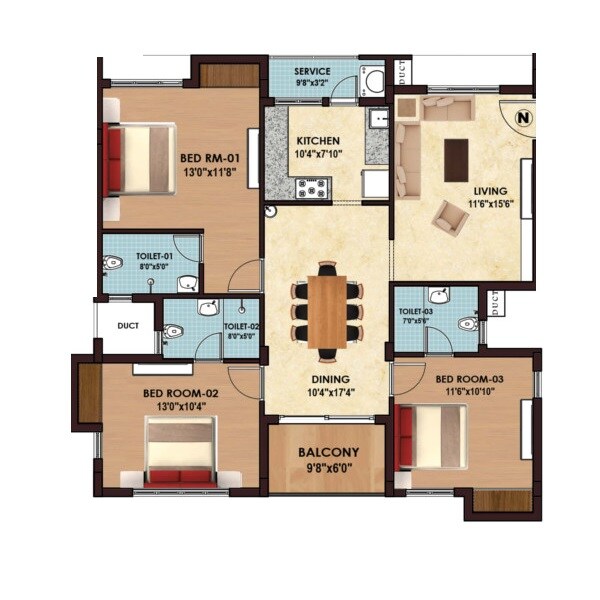 Floor plan of 3 BHK 1546 Sq. Ft. Apartment in Sristi Divinity, Chennai