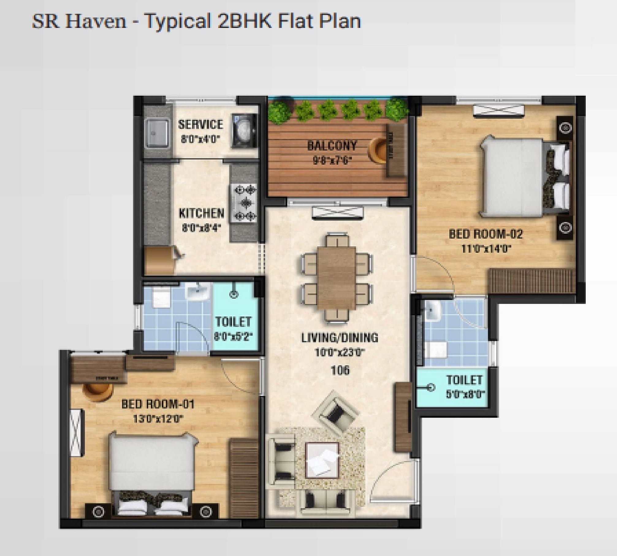 Floor plan of 2 BHK 1038 Sq. Ft. Apartment in Sristi SR Haven, Chennai