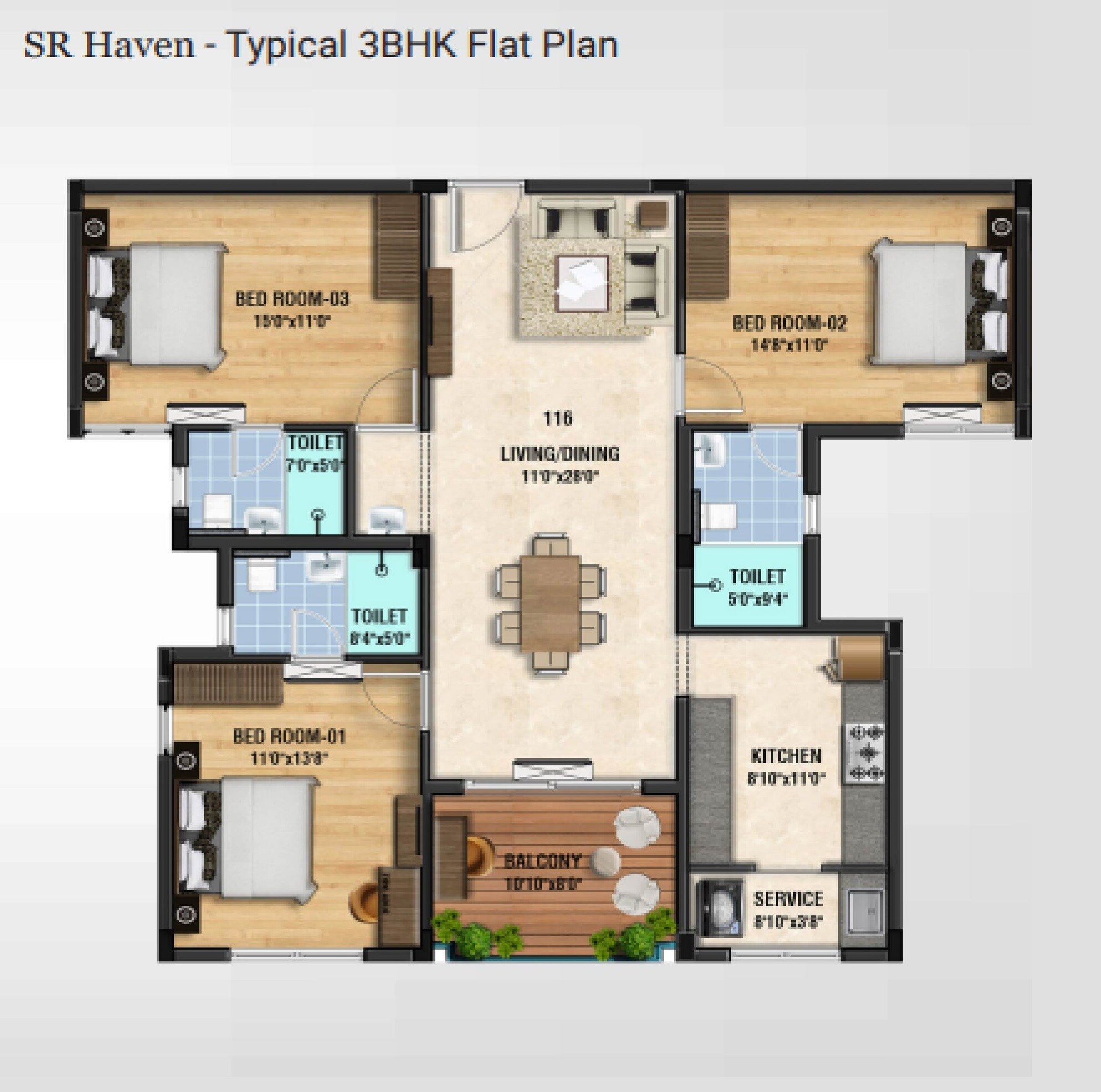 Floor plan of 3 BHK 1477 Sq. Ft. Apartment in Sristi SR Haven, Chennai