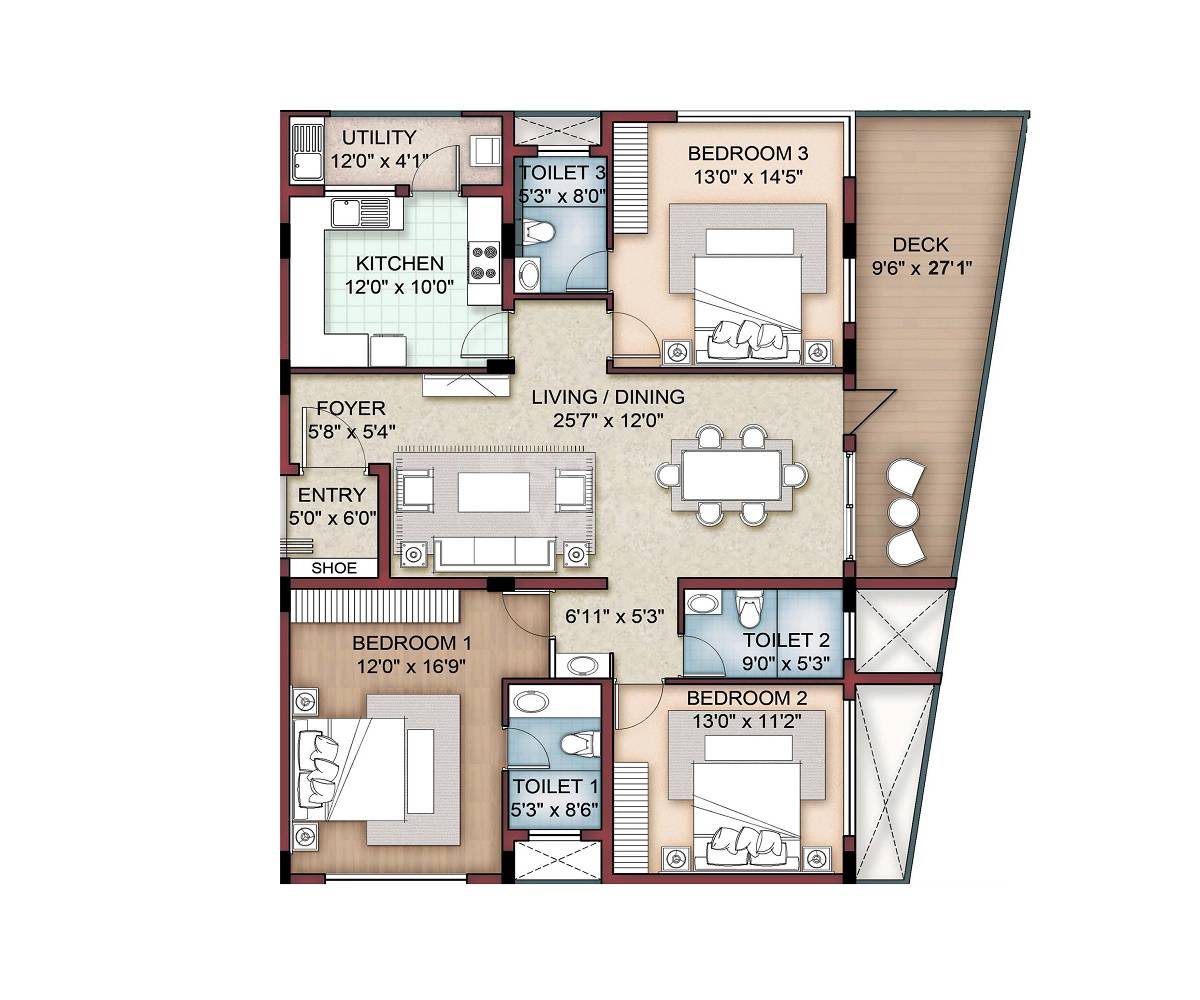 Floor plan of 3 BHK 1279 Sq. Ft. Apartment in SS Amaira, Chennai