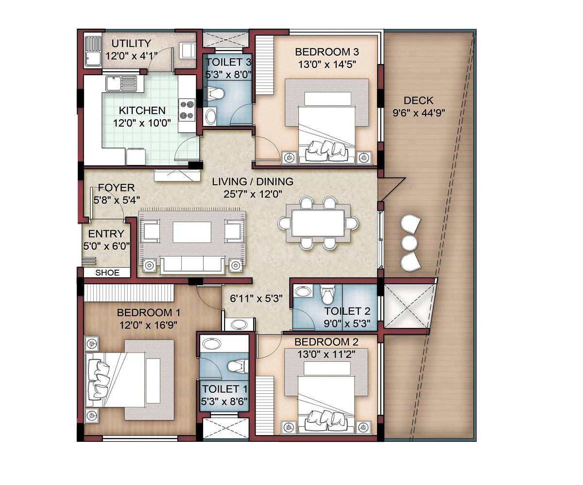 Floor plan of 3 BHK 1372 Sq. Ft. Apartment in SS Amaira, Chennai