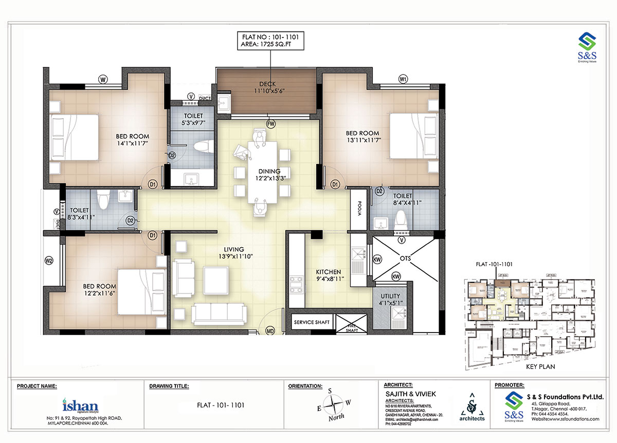 Floor plan of 3 BHK 1725 Sq. Ft. Apartment in S S Ishan, Chennai