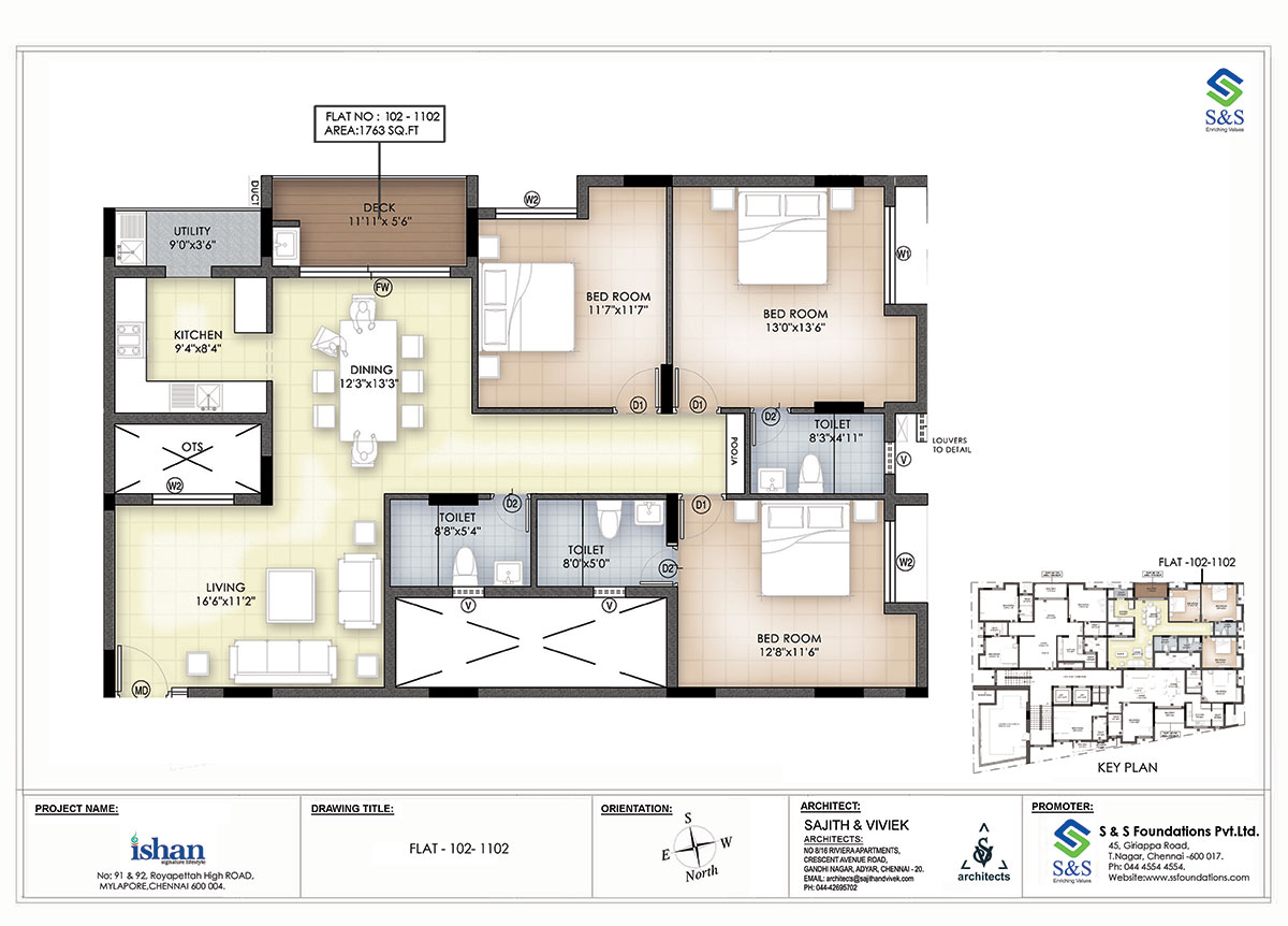 Floor plan of 3 BHK 1763 Sq. Ft. Apartment in S S Ishan, Chennai