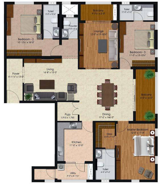 Floor plan of 3 BHK 2447 Sq. Ft. Apartment in SS Vandana, Chennai