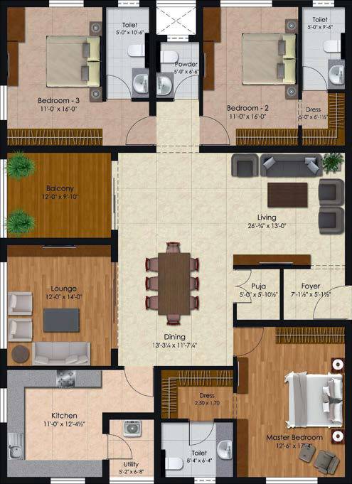Floor plan of 3 BHK 2486 Sq. Ft. Apartment in SS Vandana, Chennai