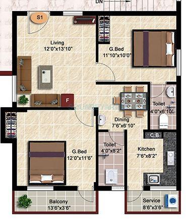 Floor plan of 2 BHK 960 Sq. Ft. Apartment in Steps Stone Aksharas, Chennai