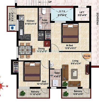 Floor plan of 3 BHK 1115 Sq. Ft. Apartment in Steps Stone Aksharas, Chennai