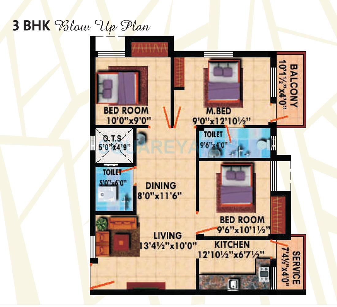 Floor plan of 3 BHK 1045 Sq. Ft. Apartment in Steps Stone Artithaa, Chennai