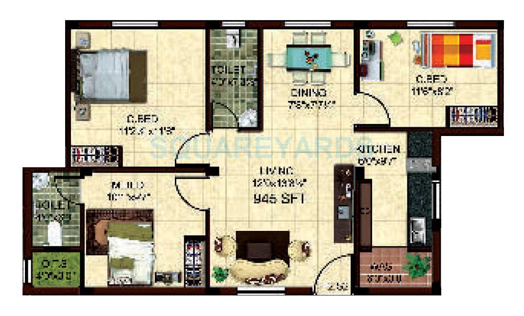 Floor plan of 3 BHK 1415 Sq. Ft. Apartment in Steps Stone Atchuta, Chennai