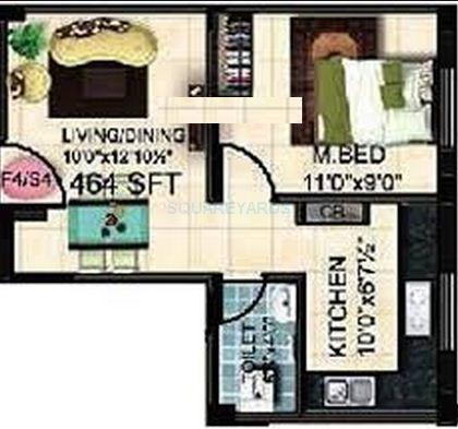 Floor plan of 1 BHK 464 Sq. Ft. Apartment in Steps Stone Ethiraj, Chennai