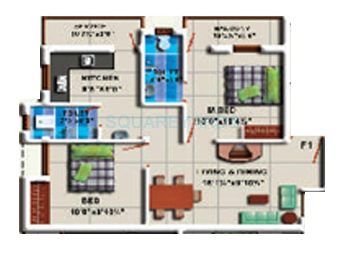 Floor plan of 3 BHK Apartment - 1100 sq. ft. in Steps Stone Harine, Chennai
