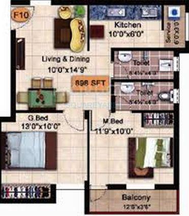 Floor plan of 2 BHK 898 Sq. Ft. Apartment in Steps Stone Krishu, Chennai