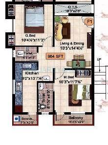 Floor plan of 2 BHK 904 Sq. Ft. Apartment in Steps Stone Krishu, Chennai