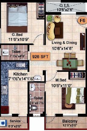 Floor plan of 2 BHK 926 Sq. Ft. Apartment in Steps Stone Krishu, Chennai