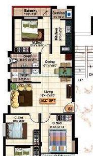 Floor plan of 3 BHK 1037 Sq. Ft. Apartment in Steps Stone Krishu, Chennai