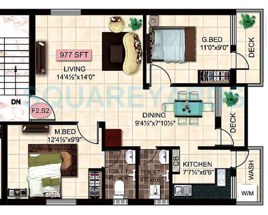 Floor plan of 2 BHK 733 Sq. Ft. Apartment in Steps Stone Krita, Chennai
