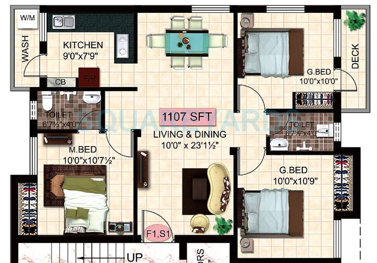 Floor plan of 3 BHK 1296 Sq. Ft. Apartment in Steps Stone Krita, Chennai