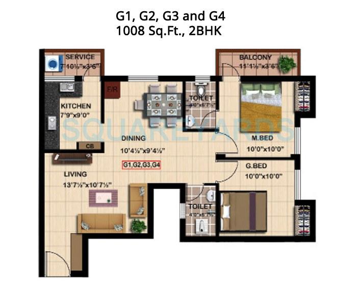 Floor plan of 2 BHK 1008 Sq. Ft. Apartment in Steps Stone Mahathes, Chennai