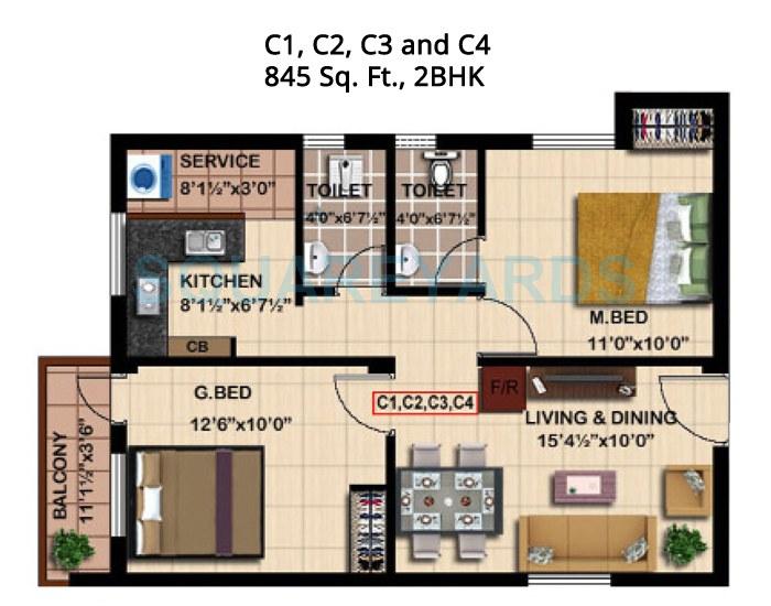 Floor plan of 2 BHK 845 Sq. Ft. Apartment in Steps Stone Mahathes, Chennai