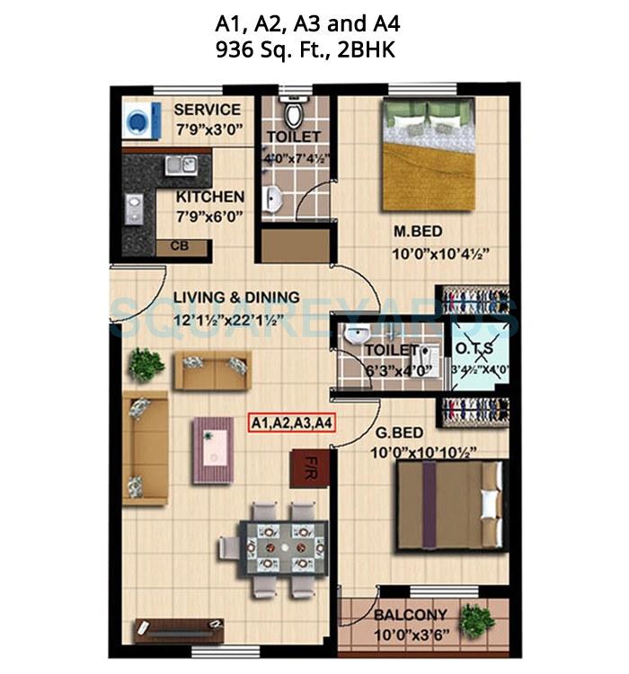 Floor plan of 2 BHK 936 Sq. Ft. Apartment in Steps Stone Mahathes, Chennai