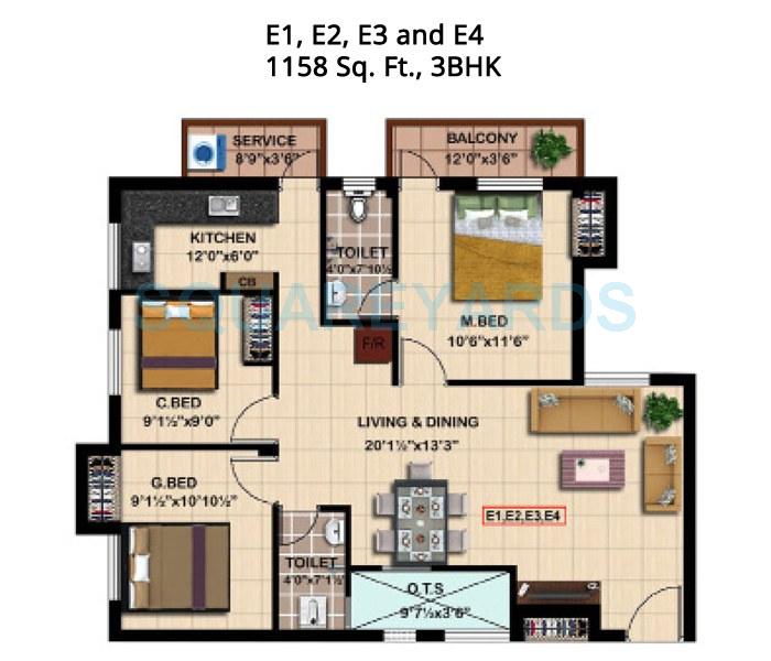 Floor plan of 3 BHK 1158 Sq. Ft. Apartment in Steps Stone Mahathes, Chennai
