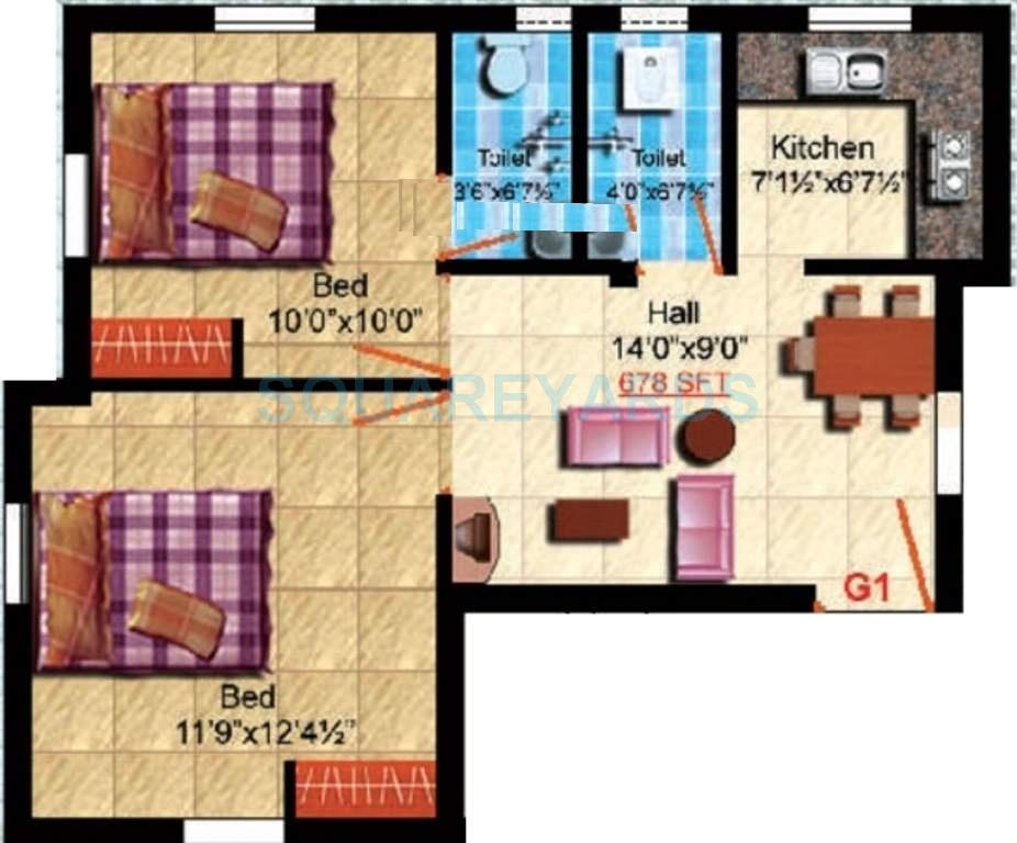 Floor plan of 2 BHK 678 Sq. Ft. Apartment in Steps Stone Raghava, Chennai