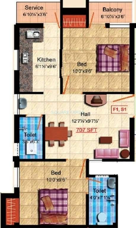 Floor plan of 2 BHK 707 Sq. Ft. Apartment in Steps Stone Raghava, Chennai