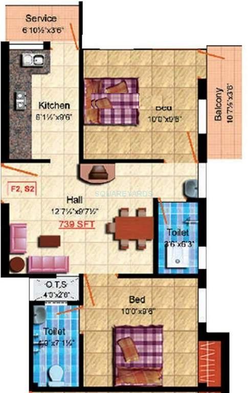 Floor plan of 2 BHK 739 Sq. Ft. Apartment in Steps Stone Raghava, Chennai