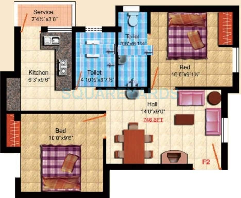 Floor plan of 2 BHK 746 Sq. Ft. Apartment in Steps Stone Raghava, Chennai