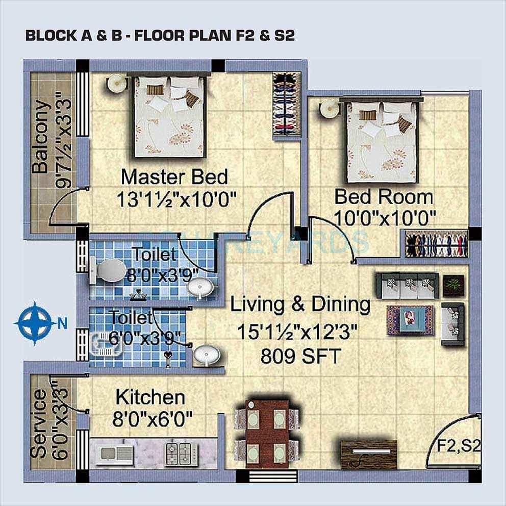 Floor plan of 2 BHK 809 Sq. Ft. Apartment in Steps Stone Vaibhavs, Chennai