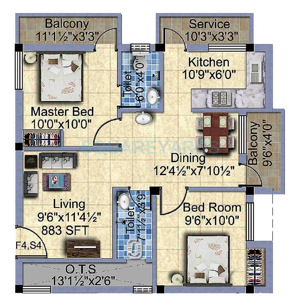 Floor plan of 2 BHK 893 Sq. Ft. Apartment in Steps Stone Vaibhavs, Chennai