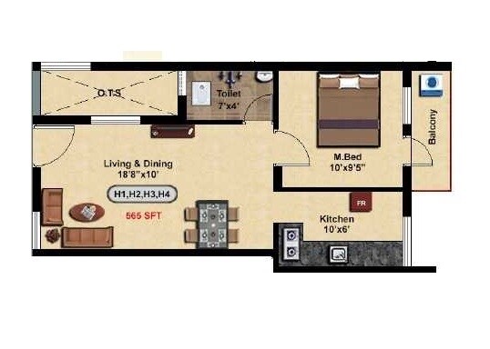 Floor plan of 1 BHK 565 Sq. Ft. Apartment in Steps Stone Vatsa, Chennai